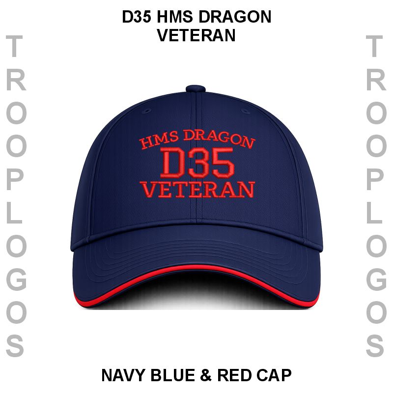 A navy blue baseball cap with red embroidered text reading 'HMS DRAGON D35 VETERAN' on the front, shown on a white background with vertical gray side text and black caption text above and below.